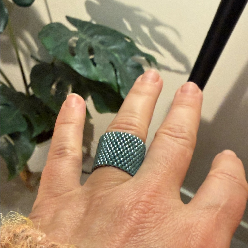 Russian seed bead teal blue hand beaded cuff ring‎ 6